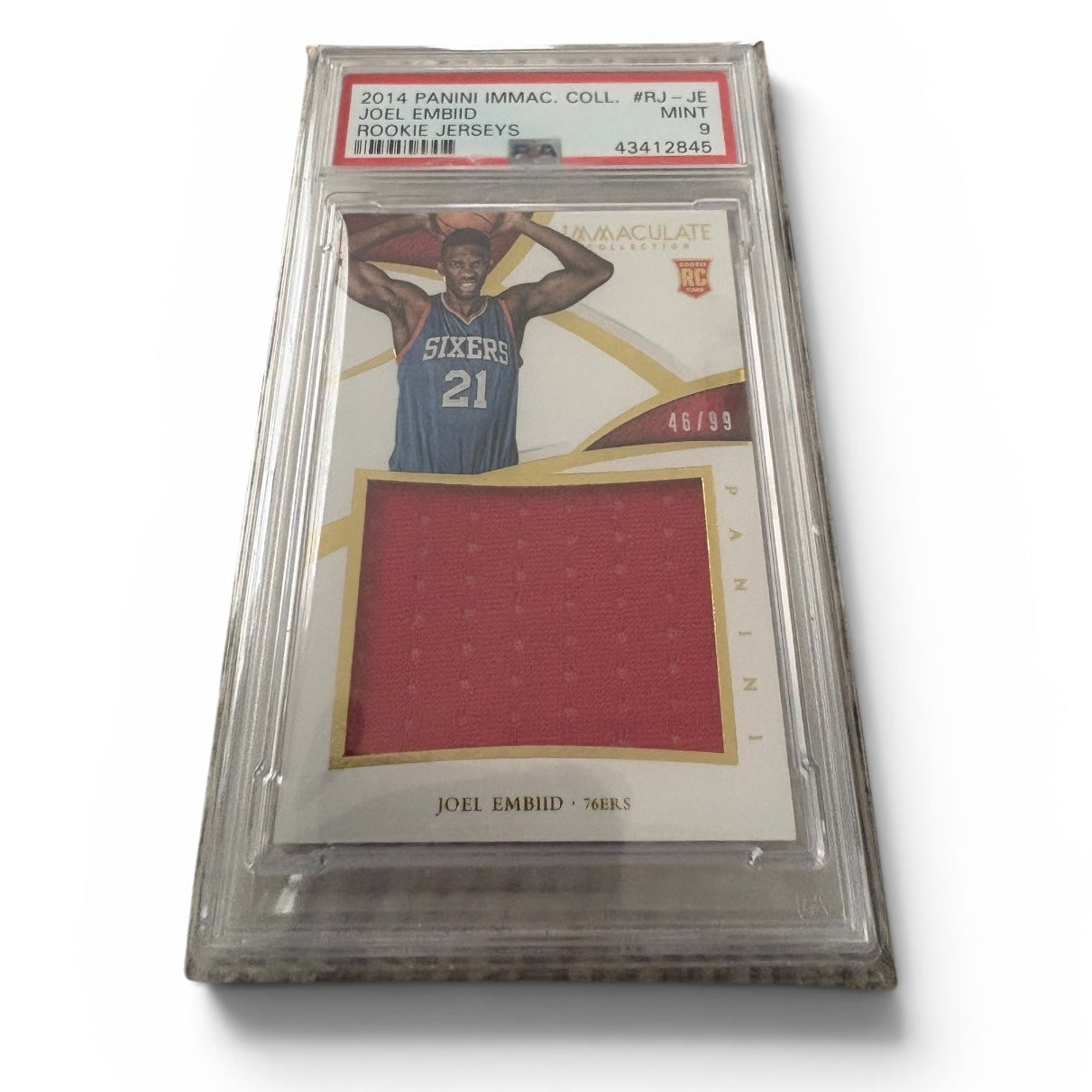 Joel Embiid 2014 Panini Immaculate Collection Rookie Jerseys Basketball Card - With Game Worn Fabric - PSA Graded 9