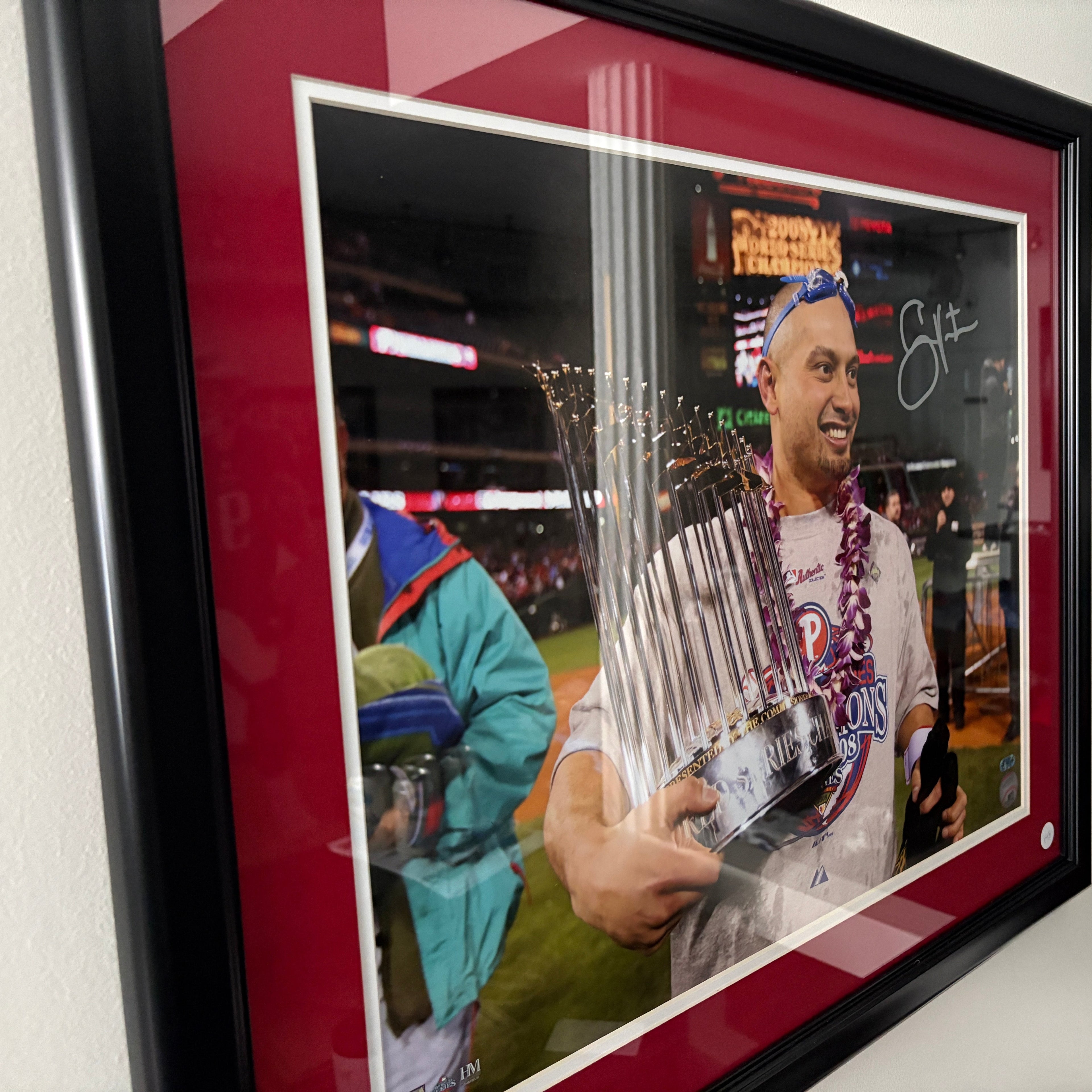 Shane Victorino Signed 08 WS Trophy 16x20 Framed Photo