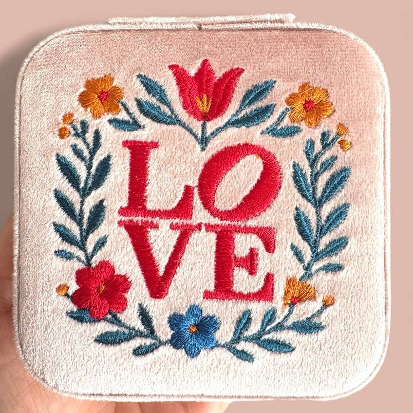 Love Embroidered Velvet Jewelry Travel Case Box