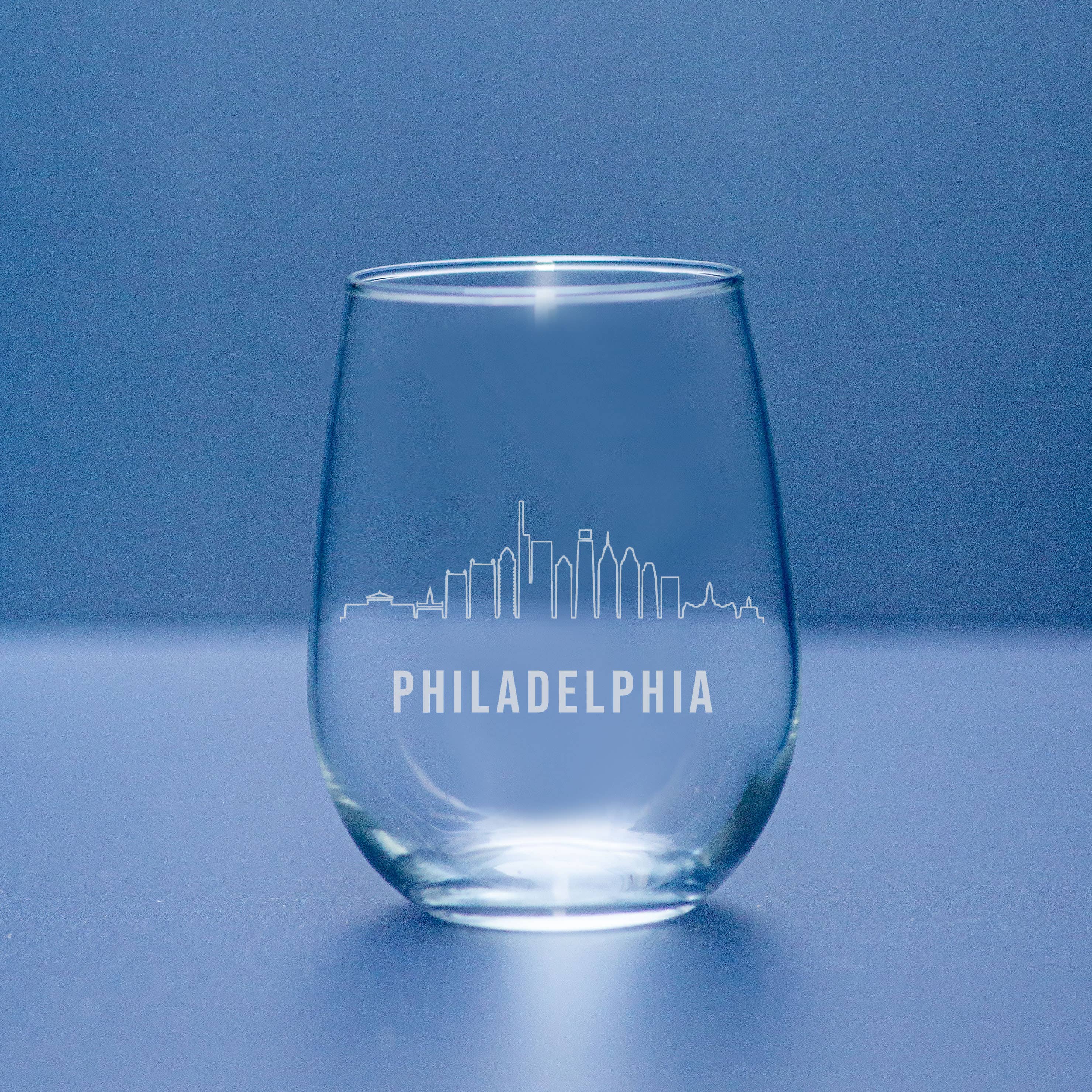 Philadelphia Skyline Stemless Wine Glass