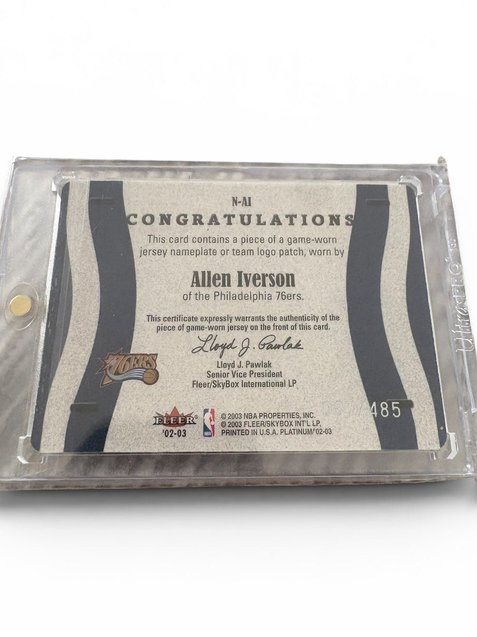 Allen Iverson 2003 Fleer Platinum Nameplates Game-Worn Patch Basketball Card