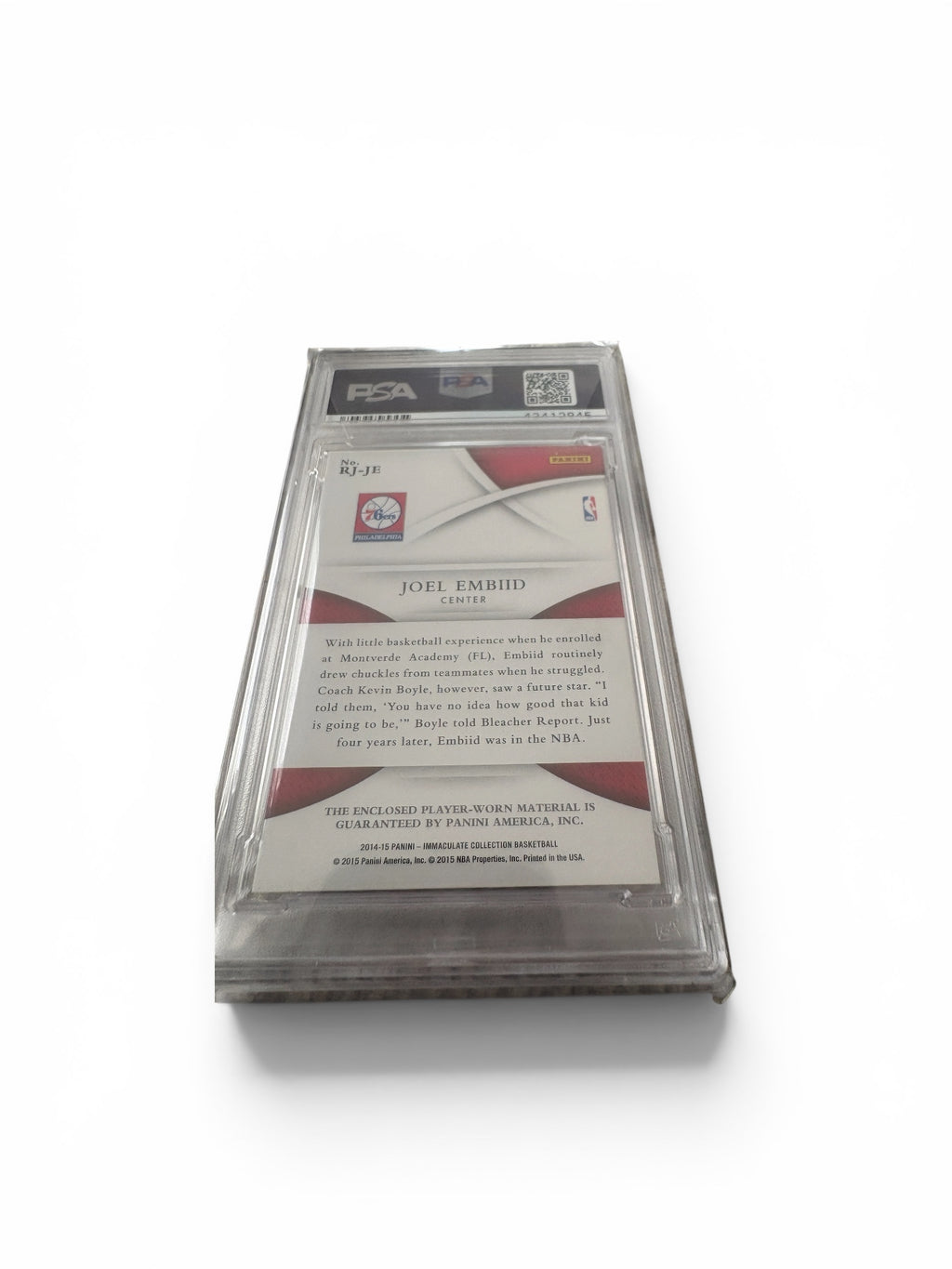 Joel Embiid 2014 Panini Immaculate Collection Rookie Jerseys Basketball Card - With Game Worn Fabric - PSA Graded 9