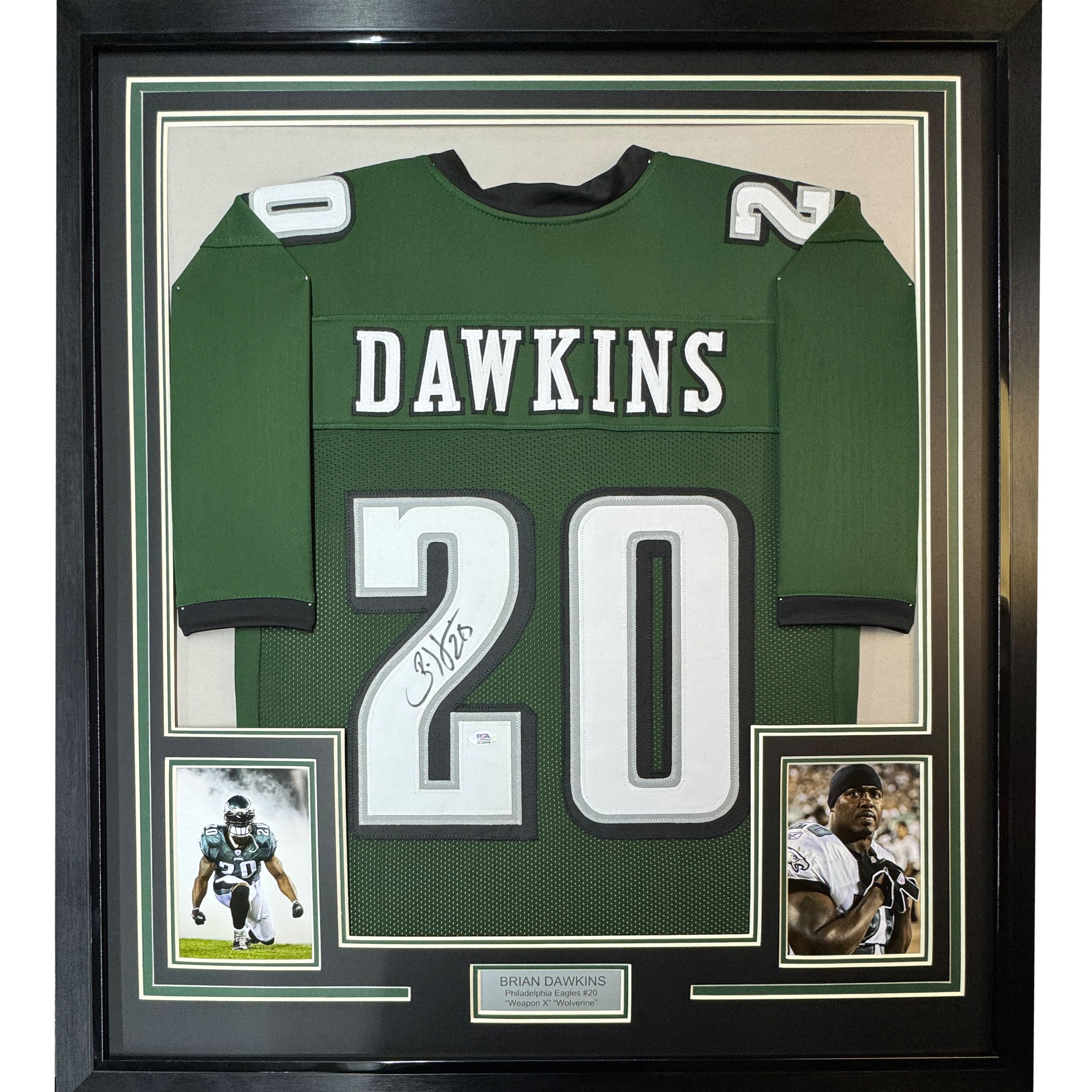Framed Autographed/Signed Brian Dawkins 35x39 Philadelphia Green Football Jersey JSA COA