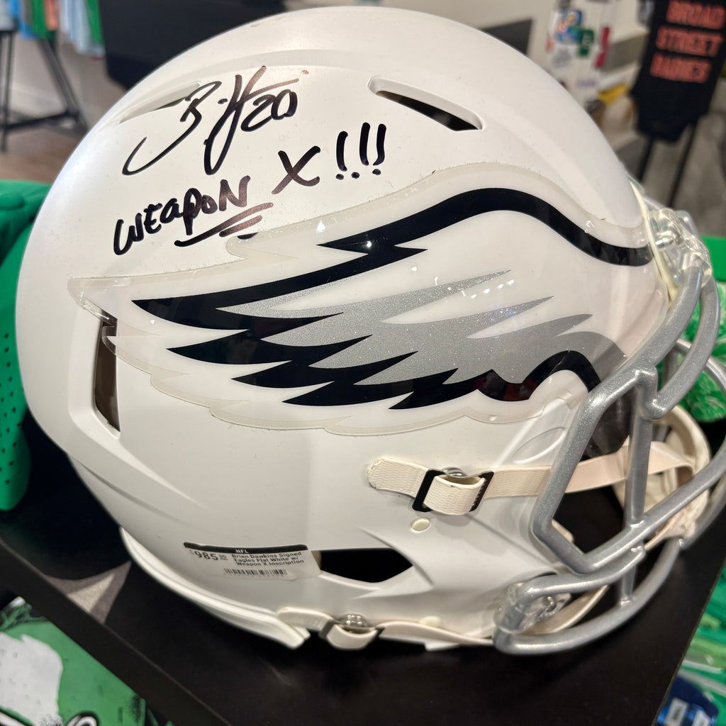 Brian Dawkins Signed Eagles Flat White w/ Weapon X Inscription Proline Helmet