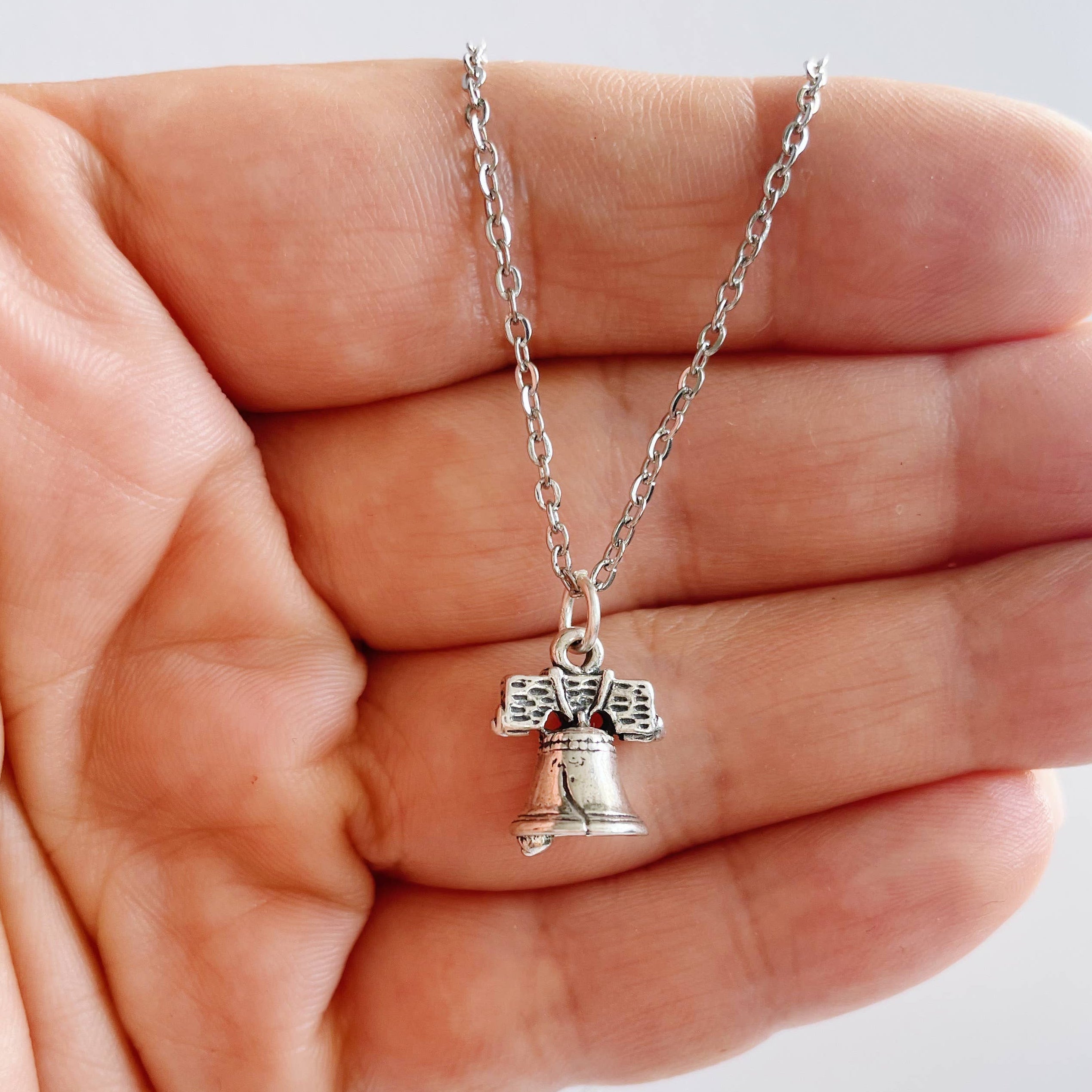 Sterling Silver Liberty Bell Necklace ~Stainless Steel Chain