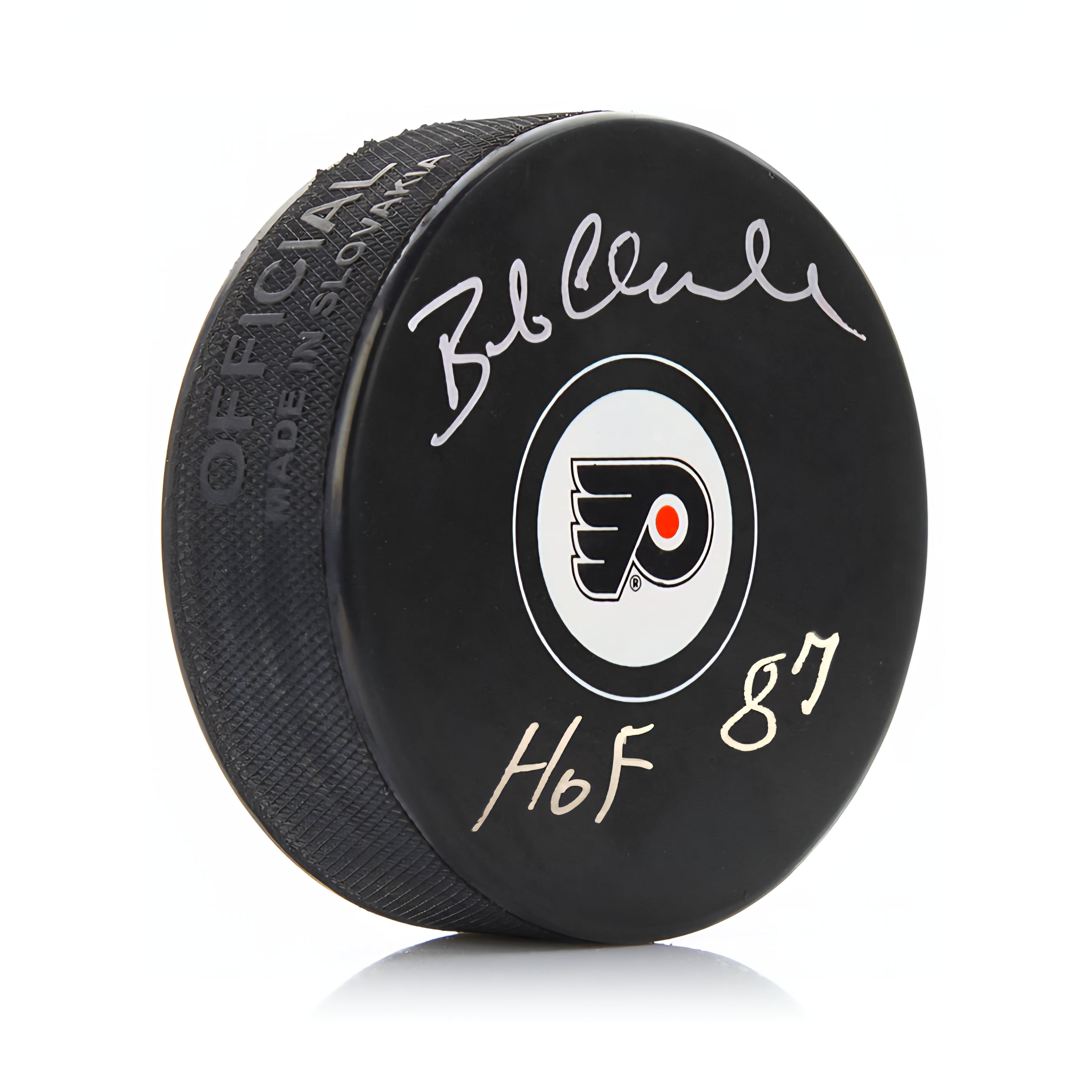 Bob Clarke Autographed Philadelphia Flyers Hockey Logo Puck with Hall of Fame Inscription